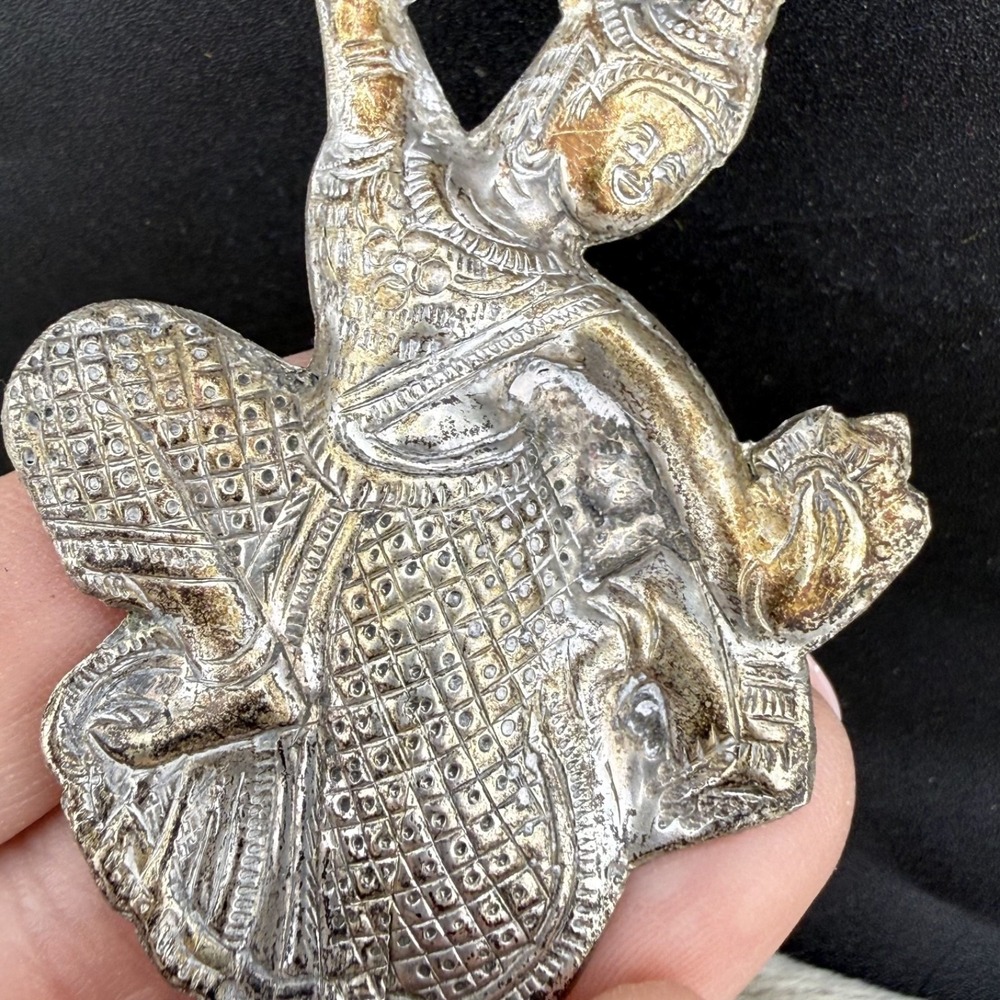 Vintage Estate Thai Goddess Mekkala Brooch Silver Tone Repousse Pin 2.5in